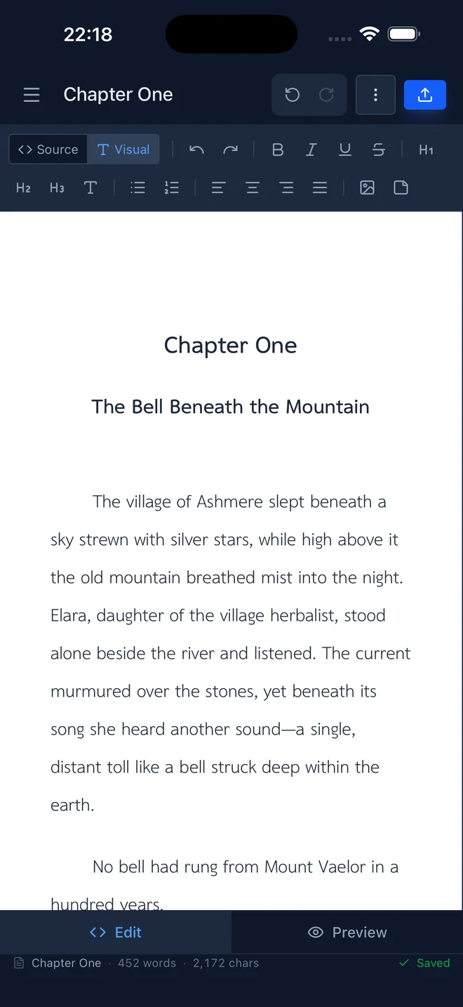 A book chapter being edited visually in EpubCraft on iPhone