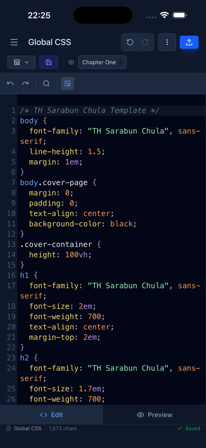 Global CSS editor in EpubCraft showing a Thai Sarabun book template