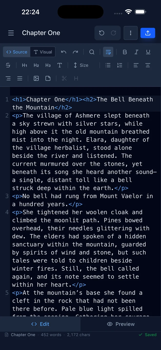 EpubCraft HTML source editor on iPhone