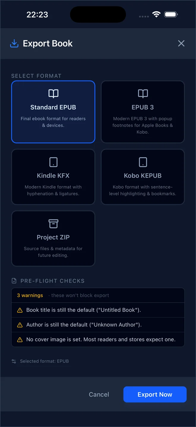 EpubCraft export sheet with Standard EPUB, EPUB 3, Kindle KFX, Kobo KEPUB, and Project ZIP formats